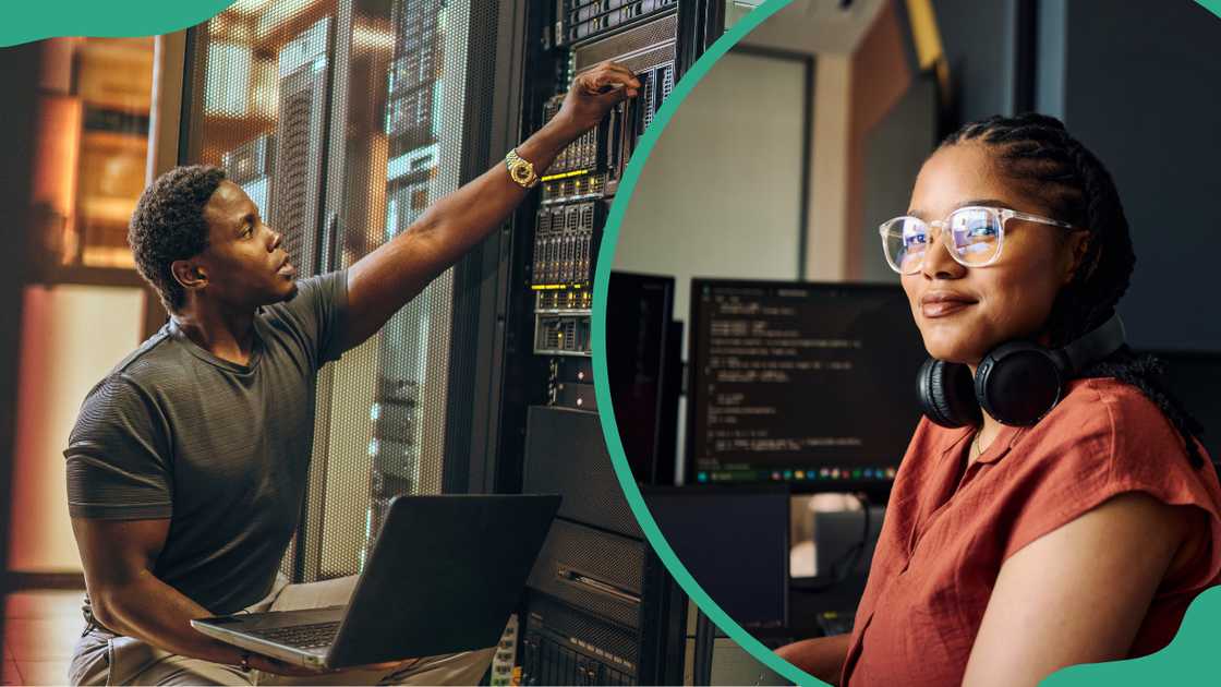 A computer engineer troubleshooting a server (L). A young programmer focused on her work (R) A computer engineer troubleshooting a server (L). A young programmer focused on her work (R)