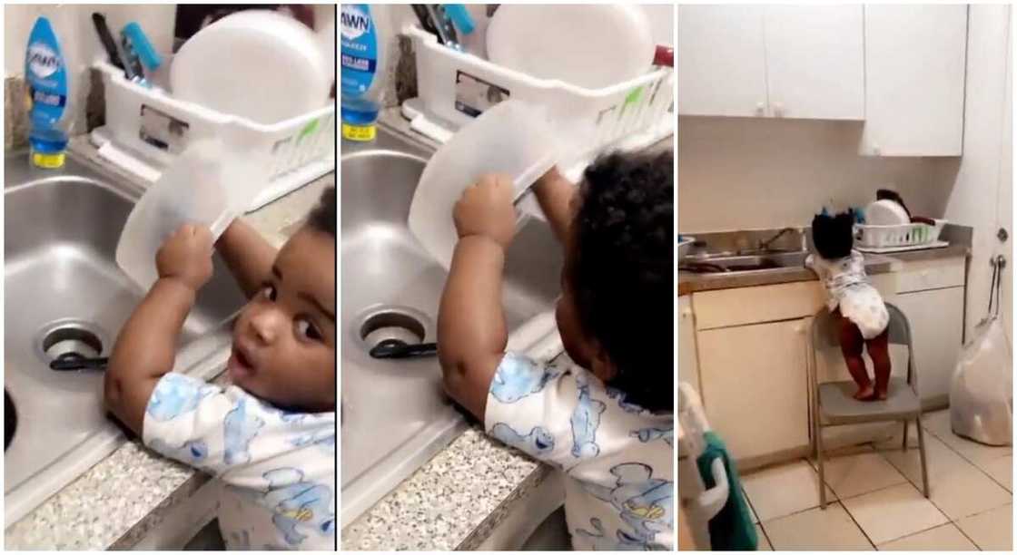 Black boy washing plate in the kitchen. Black boy washing plate in the kitchen.