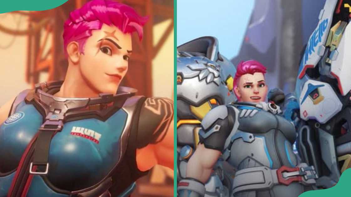 Zarya, in her signature bright pink hair, styled in a short, voluminous cut (L). Zarya in blue armor (R). Zarya, in her signature bright pink hair, styled in a short, voluminous cut (L). Zarya in blue armor (R).
