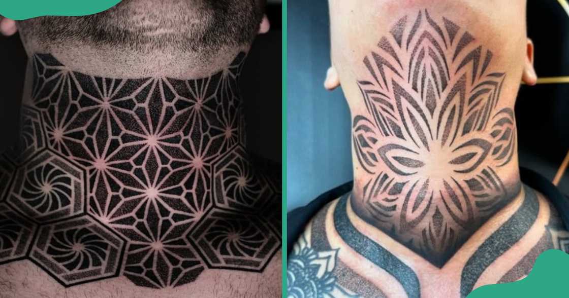 Two types of throat tattoos with a symmetrical petal design. Two types of throat tattoos with a symmetrical petal design.