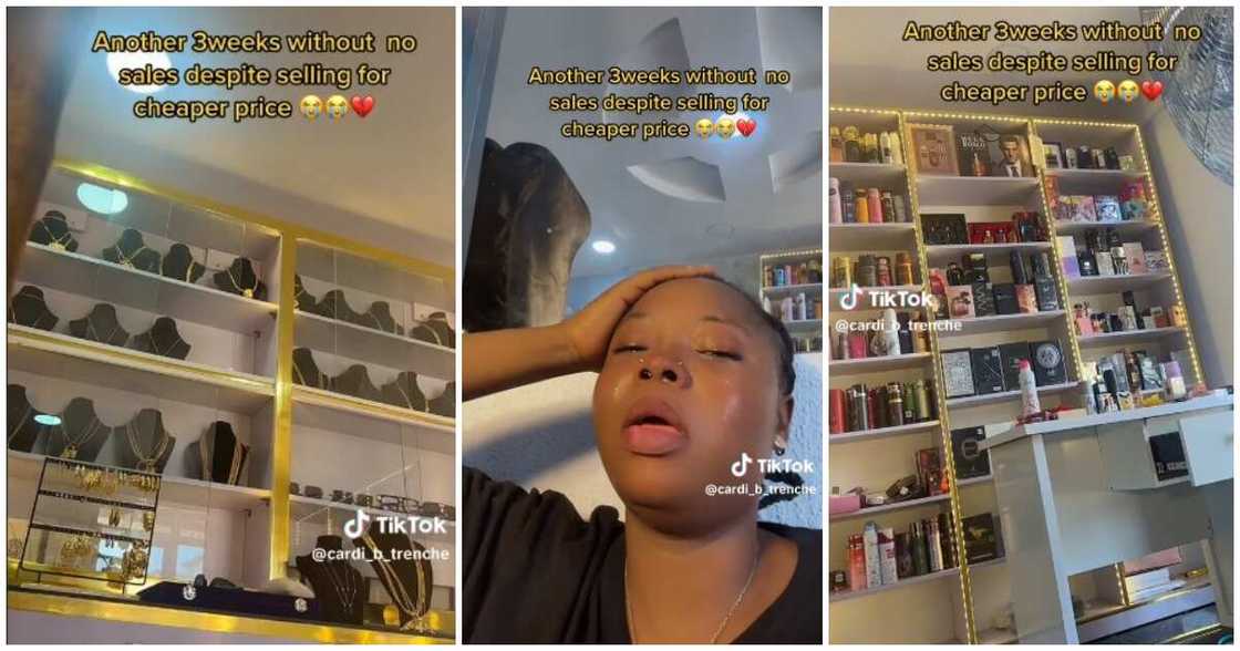 Nigerian lady, shop, no sales, weeps Nigerian lady, shop, no sales, weeps