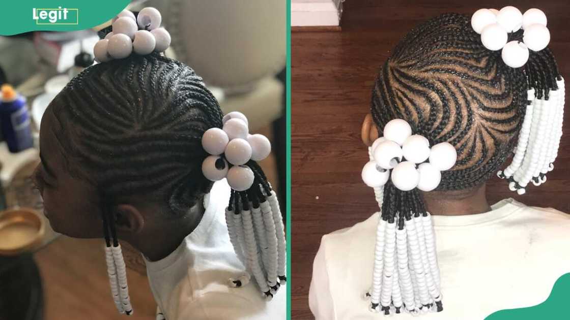 Hairstyle decorated with white beads Hairstyle decorated with white beads