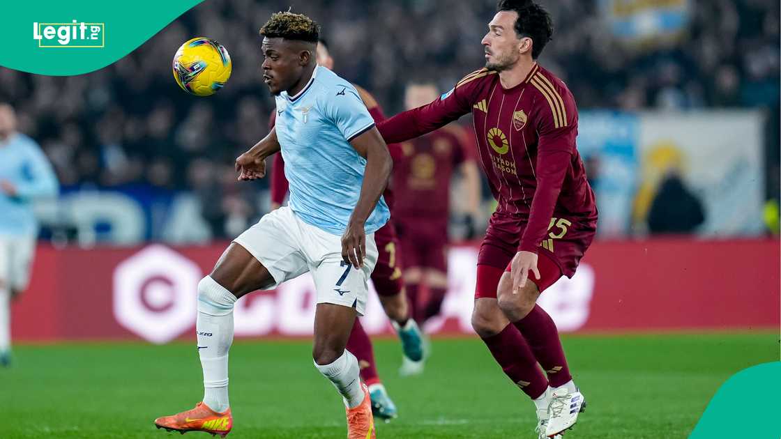Fisayo Dele-Bashiru, Mats Hummels, SS Lazio, AS Roma, Stadio Olimpico, Rome, Italy, Serie A. Fisayo Dele-Bashiru, Mats Hummels, SS Lazio, AS Roma, Stadio Olimpico, Rome, Italy, Serie A.