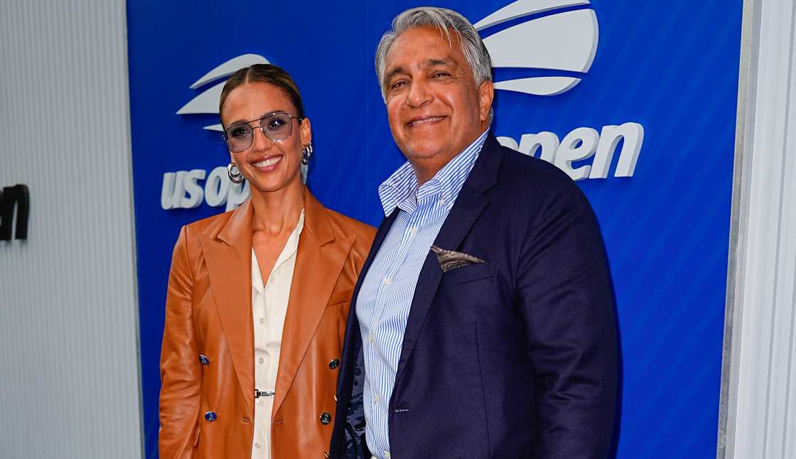 Jessica Alba and her father, Mark Alba, pose together during the 2025 US Open Tennis Championships.