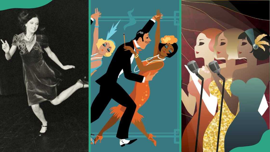 Woman in vintage engaged in the Charleston dance (C), art illustration of retro dance party, and jazz singers sing into microphones (L) Woman in vintage engaged in the Charleston dance (C), art illustration of retro dance party, and jazz singers sing into microphones (L)