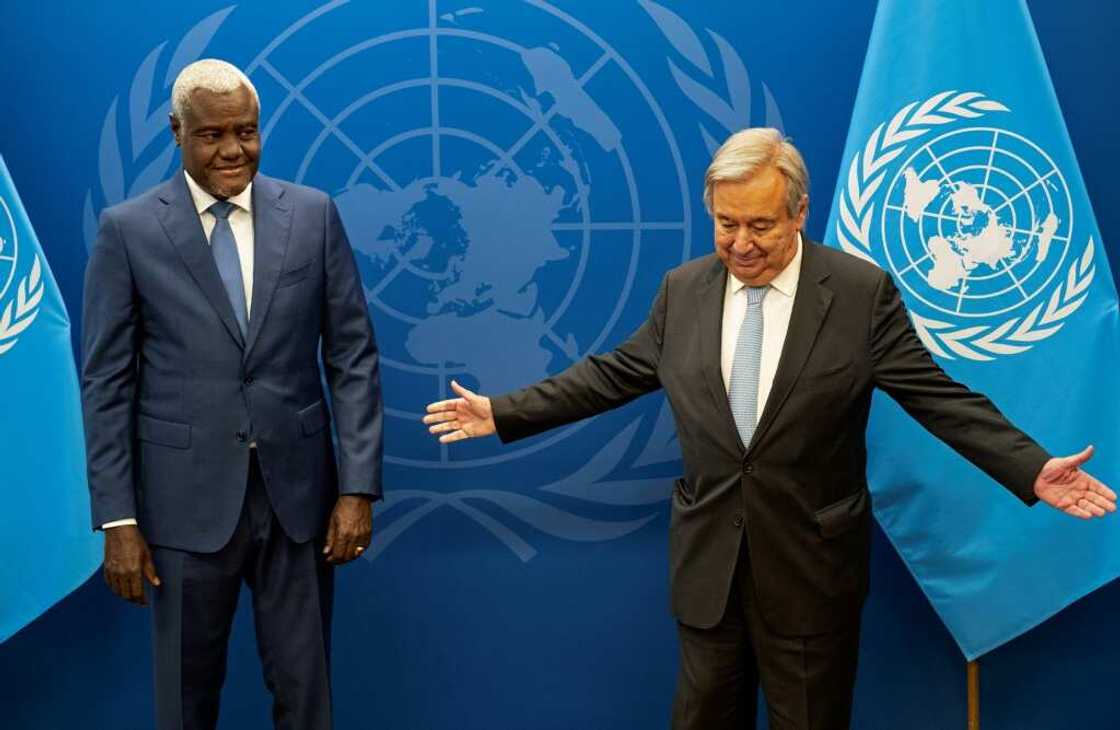 Chairperson of the African Union Commission Moussa Faki Mahamat meets with United Nations Secretary-General Antonio Guterres at the UN headquarters in New York Chairperson of the African Union Commission Moussa Faki Mahamat meets with United Nations Secretary-General Antonio Guterres at the UN headquarters in New York