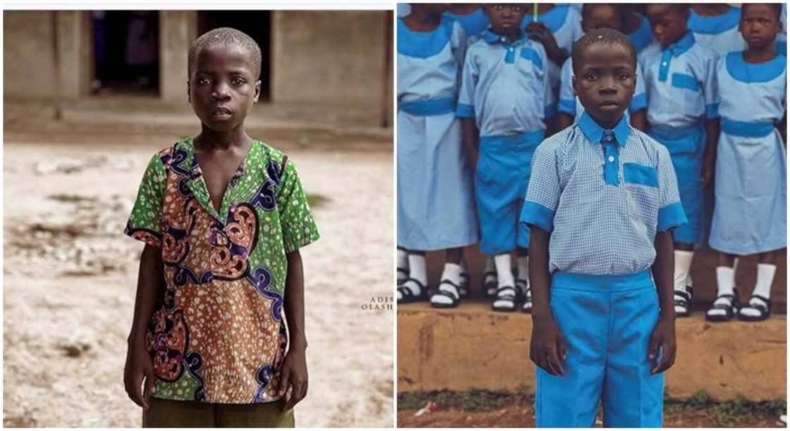 Photos of a black boy in school uniform.