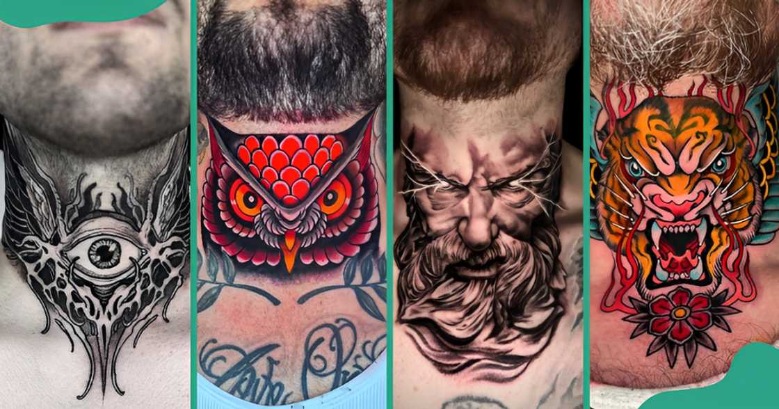 Throat tattoos with variety of symbols