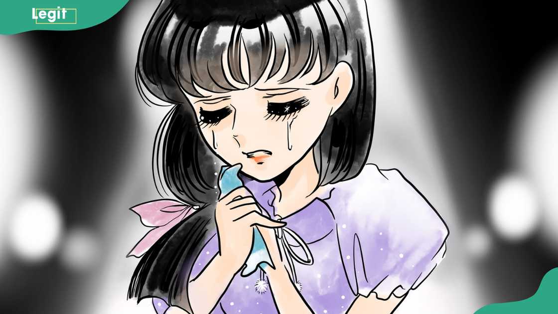 Anime-style drawing of a girl in a purple dress crying, holding a blue cloth with a pink bow. Anime-style drawing of a girl in a purple dress crying, holding a blue cloth with a pink bow.