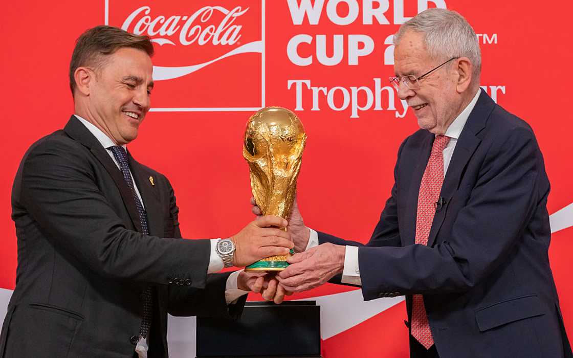 Fabio Cannavaro and Austrian President Alexander Van der Bellen at the FIFA World Cup Trophy unveiling. Fabio Cannavaro and Austrian President Alexander Van der Bellen at the FIFA World Cup Trophy unveiling.