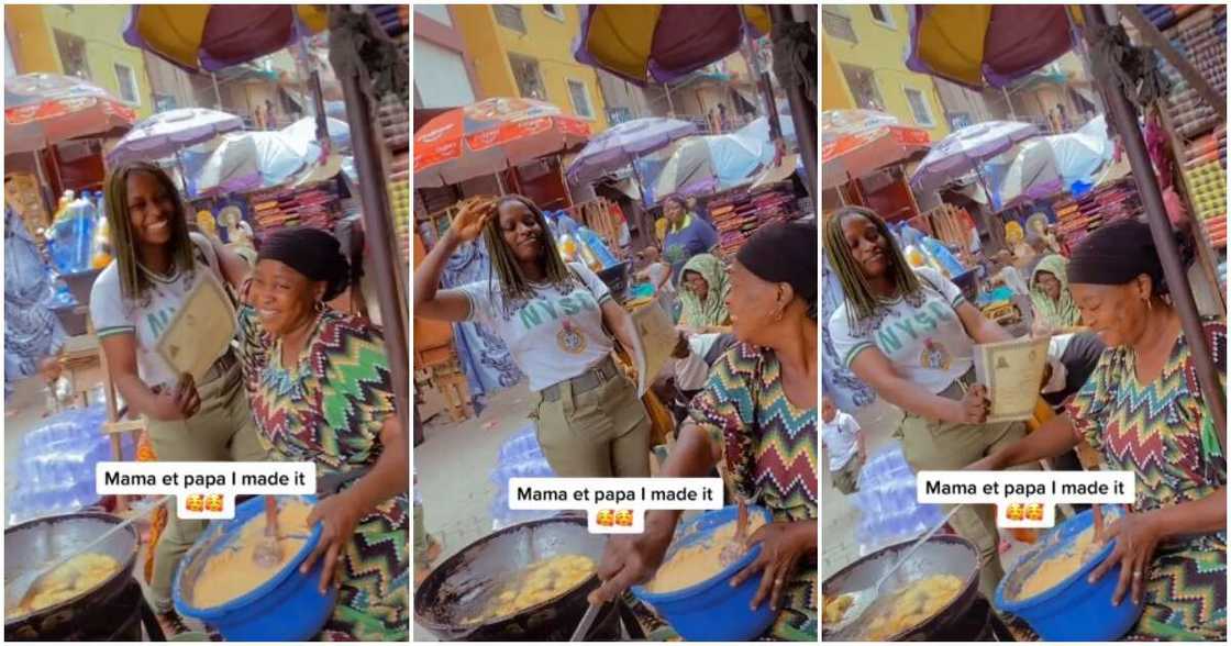 Female corps member, corper salutes mum in market, NYSC, corps member, NYSC certificate Female corps member, corper salutes mum in market, NYSC, corps member, NYSC certificate