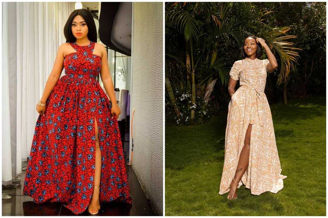 Two models showing different variations of maxi gowns Two models showing different variations of maxi gowns