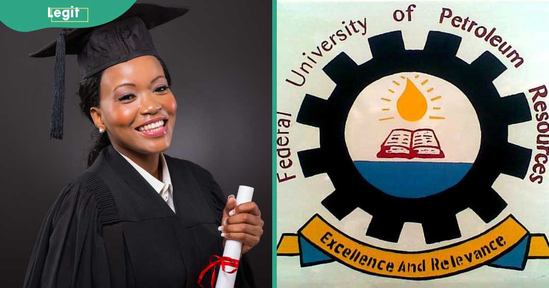 A female student pictured in a graduation gown (L). The FUPRE logo (R).