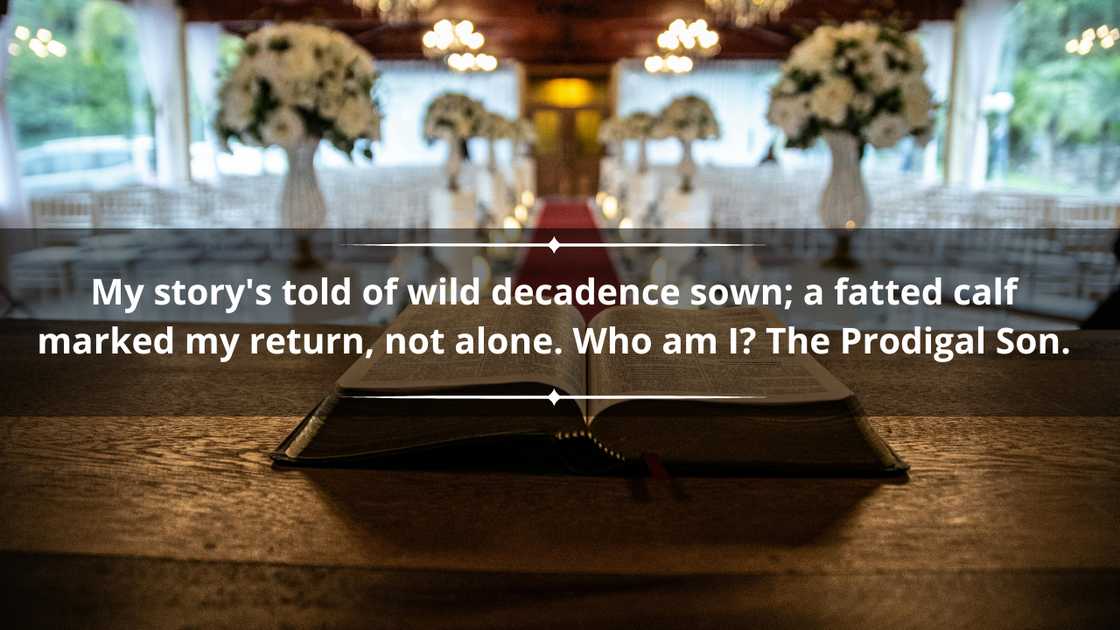 A Bible on a brown wooden table inside a well-decorated venue