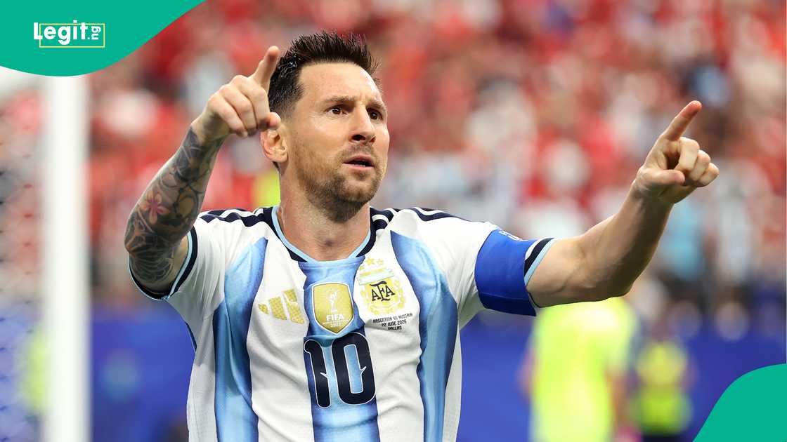 Lionel Messi celebrates scoring against Austria at Dallas Stadium. Photo by Charlotte Wilson
