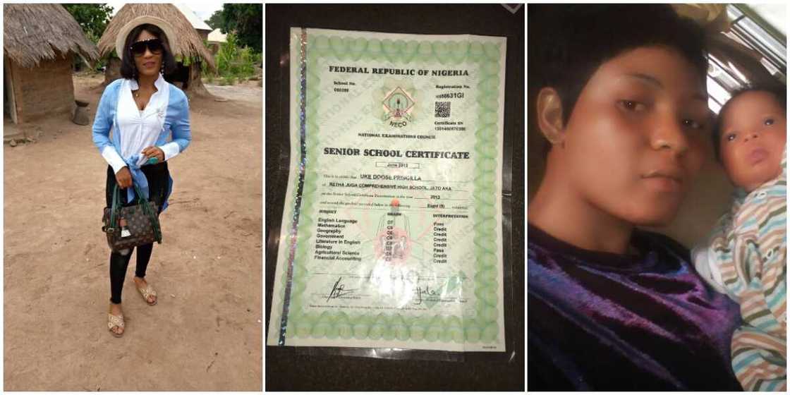 Young single mum seeks help from Nigerians to return to school, shares photos of her kid and WAEC result