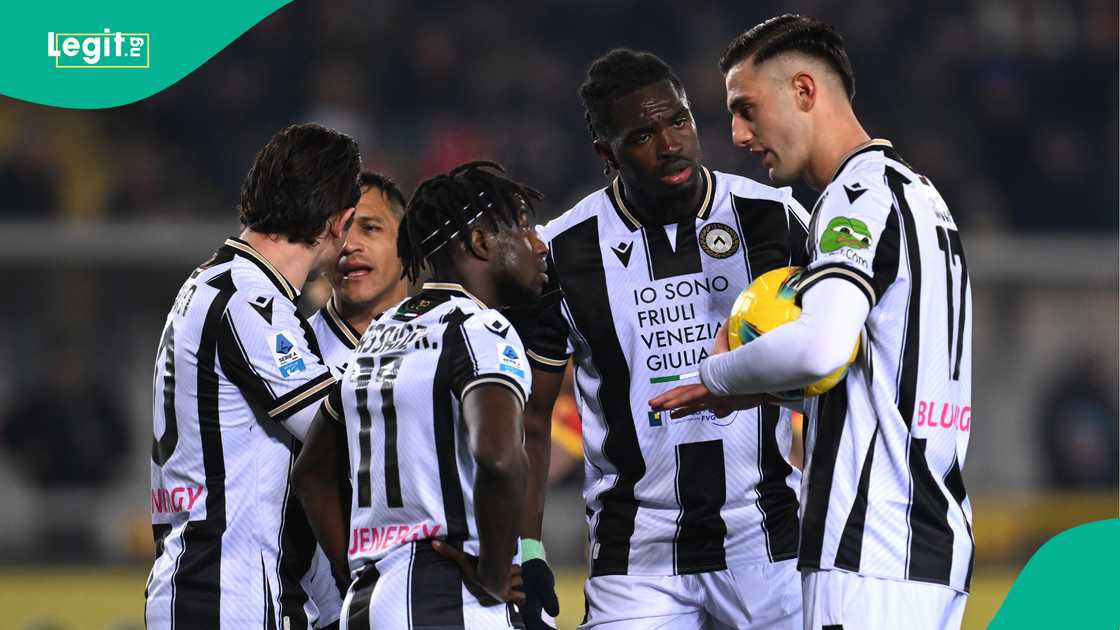 Oumar Solet, Hassane Kamara, Lorenzo Lucca, Florian Thauvin, Udinese, Stadio Via del Mare, Lecce, Italy, Serie A. Oumar Solet, Hassane Kamara, Lorenzo Lucca, Florian Thauvin, Udinese, Stadio Via del Mare, Lecce, Italy, Serie A.