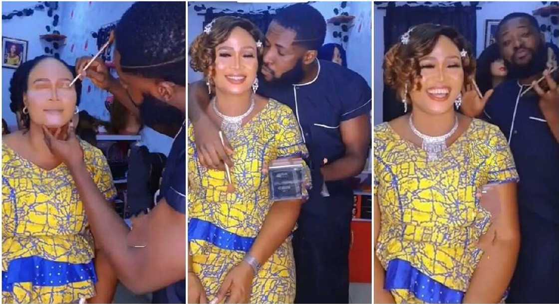 Talented Nigerian man makes his wife up. Talented Nigerian man makes his wife up.