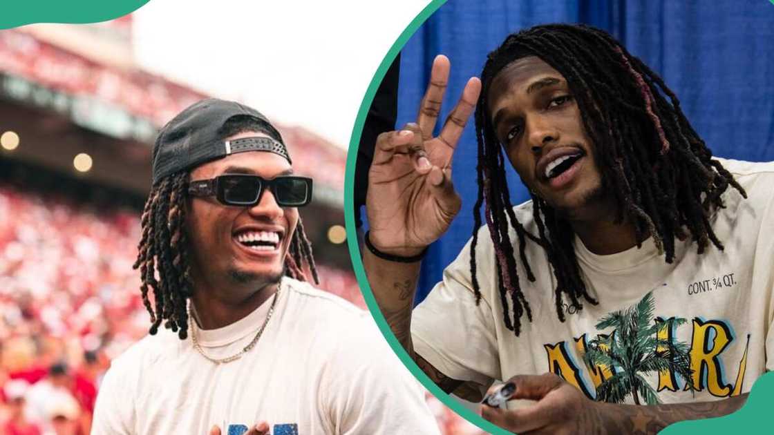 CeeDee Lamb wearing black sunglasses (L). The wide receiver in a white shirt (R). CeeDee Lamb wearing black sunglasses (L). The wide receiver in a white shirt (R).