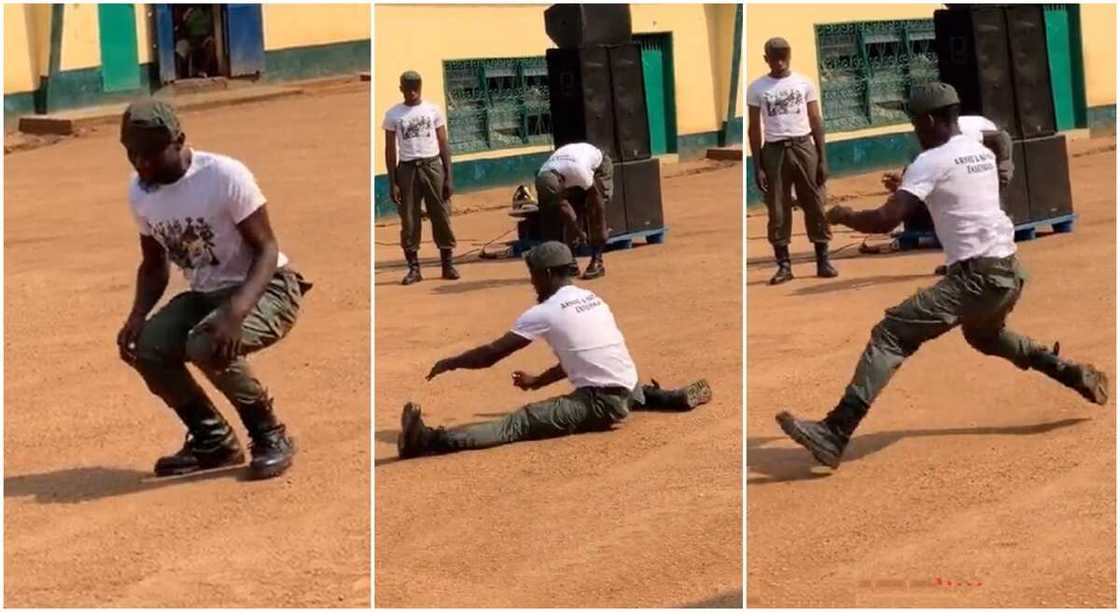 Photos of man in security uniform dancing in an open arena.