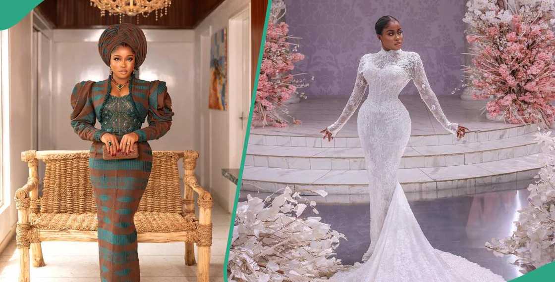 Veekee James dazzles on gold and brown wedding dress