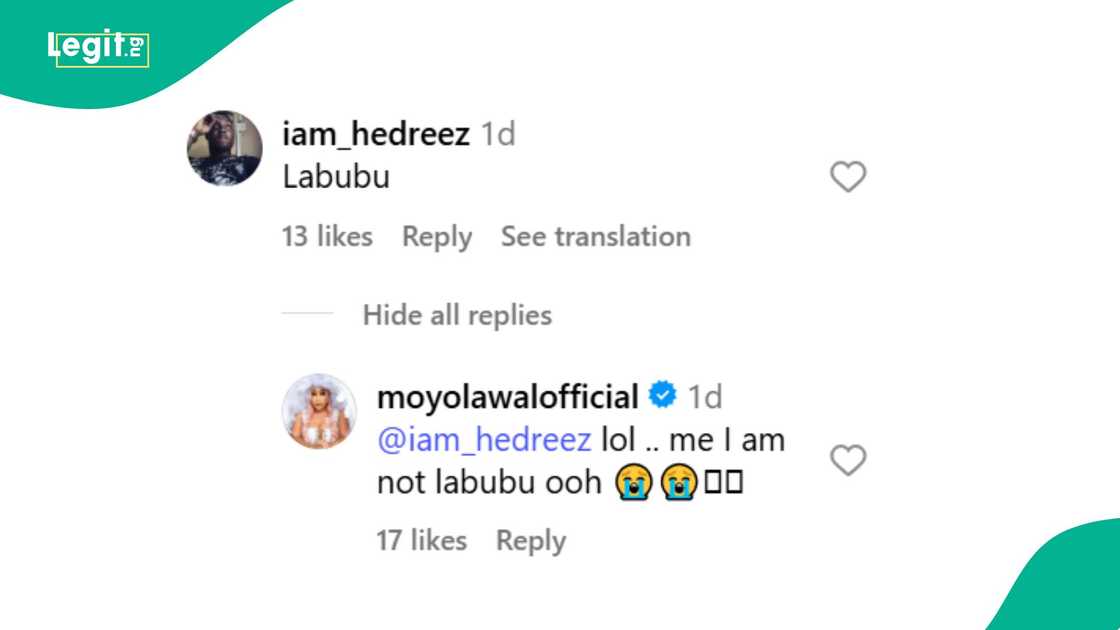 Fan likens Moyo Lawal to Labubu, she reacts. Fan likens Moyo Lawal to Labubu, she reacts.