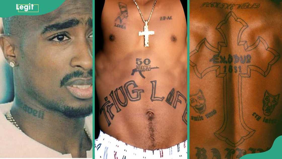 Tupac’s Makaveli (L), 50 Niccaz and Thug Life (C), and Exodus tattoos (R) Tupac’s Makaveli (L), 50 Niccaz and Thug Life (C), and Exodus tattoos (R)