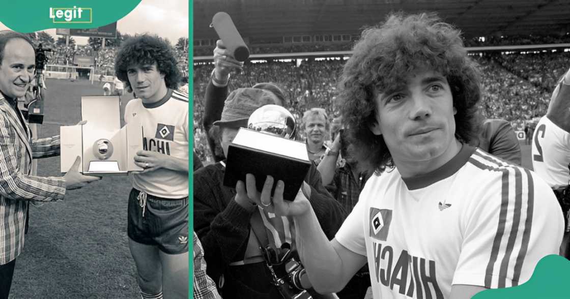 Kevin Keegan is pictured receiving the Golden Ball from a football official on a field (L). The footballer poses with the trophy in front of a crowd on a football field (R).