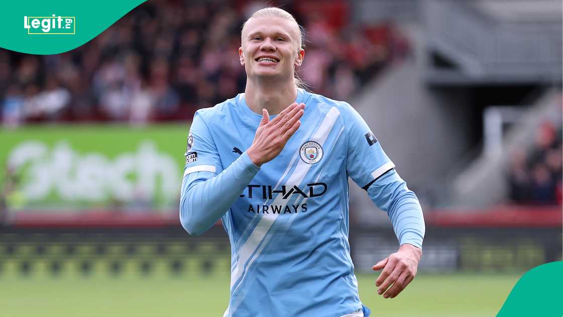 Erling Haaland celebrates scoring against Brentford at Gtech Community Stadium. Photo by Justin Setterfield