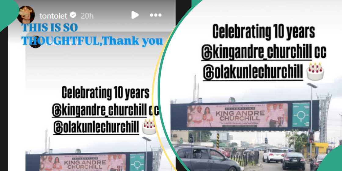 Olakunle Churchill surprises son King Andre with Lekki-Ikoyi billboard, Tonto Dikeh appreciates gesture, sparks social media reactions, Rosy Meurer responds to marriage rumours.