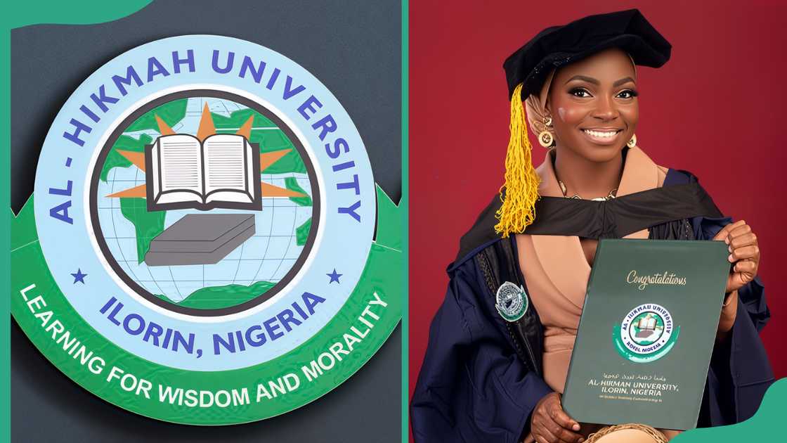 Al-Hikmah University logo (L). A female student posing in a graduation gown holding a graduation book (R) Al-Hikmah University logo (L). A female student posing in a graduation gown holding a graduation book (R)