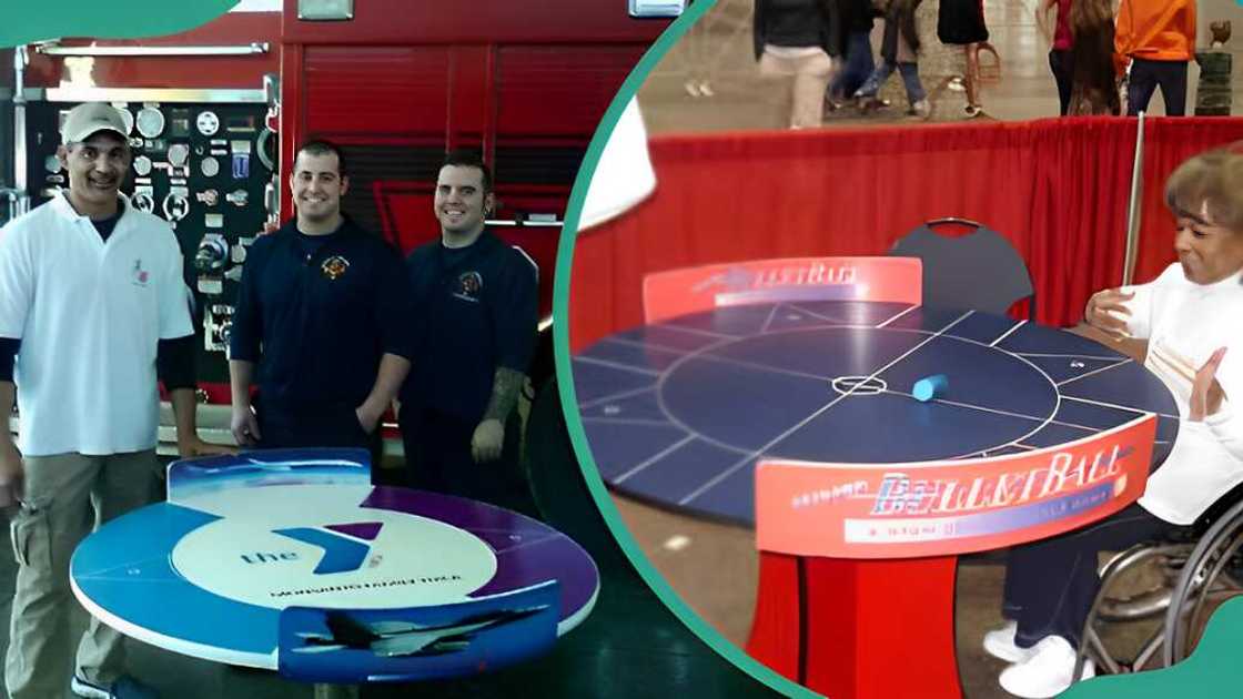 Griffin and the other two men stand in front of the BulletBall (L). Two men playing BulletBall (R). Griffin and the other two men stand in front of the BulletBall (L). Two men playing BulletBall (R).
