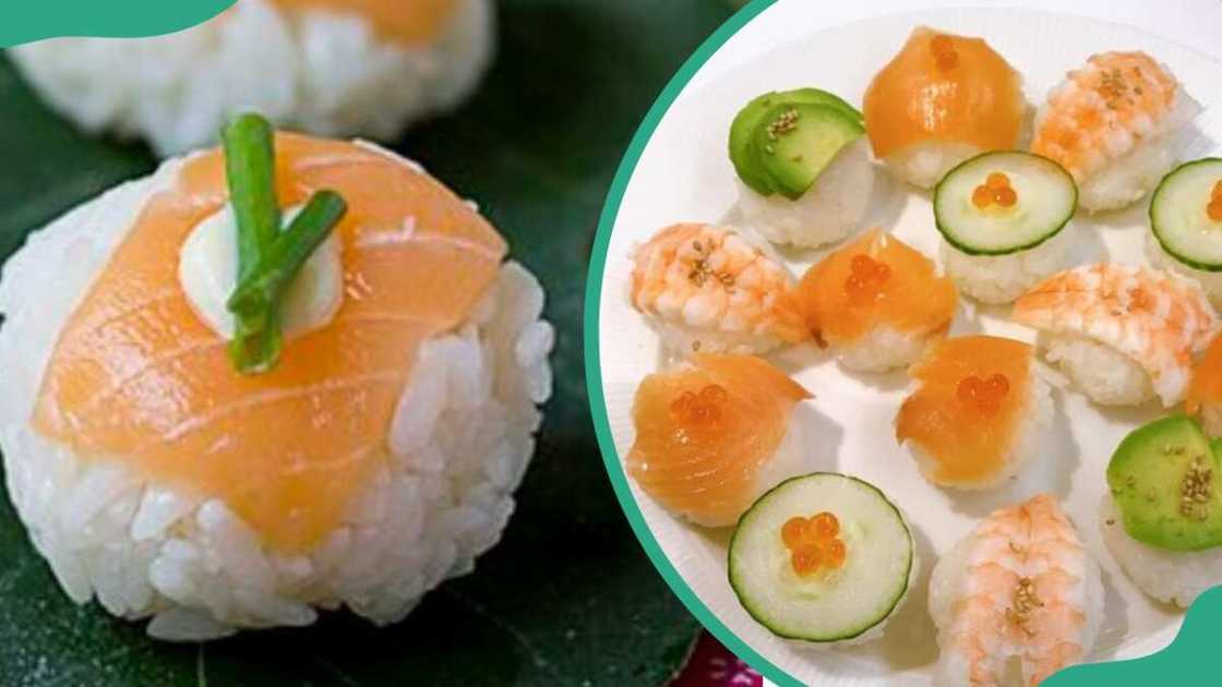 Temarizushi garnished with asparagus