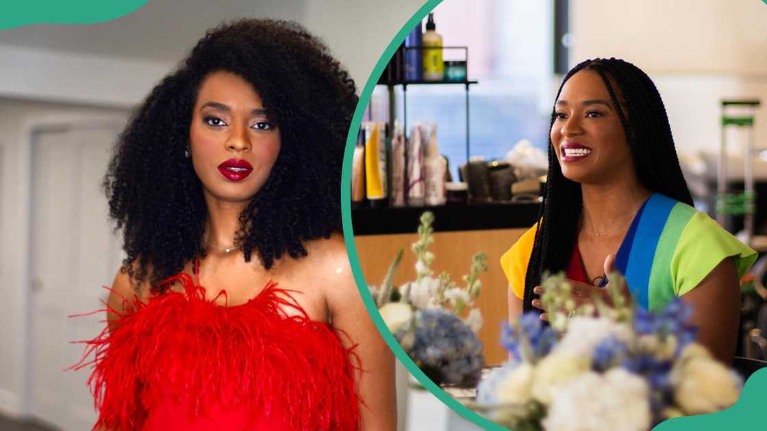 Juanita Tolliver is pictured in a red dress (L), and is a colourful top next to a table with flowers (R)