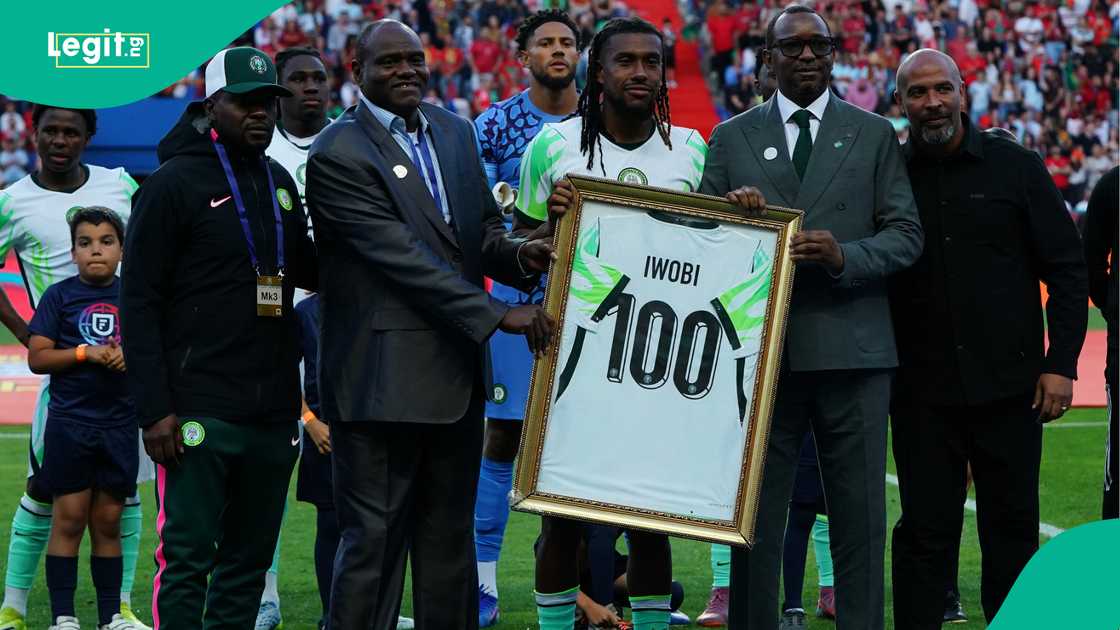 Alex Iwobi receives a shirt congratulating him for his 100th match for the National Team before the start of the International Friendly match against Portugal in June 2026. Photo by Gualter Fatia Alex Iwobi receives a shirt congratulating him for his 100th match for the National Team before the start of the International Friendly match against Portugal in June 2026. Photo by Gualter Fatia