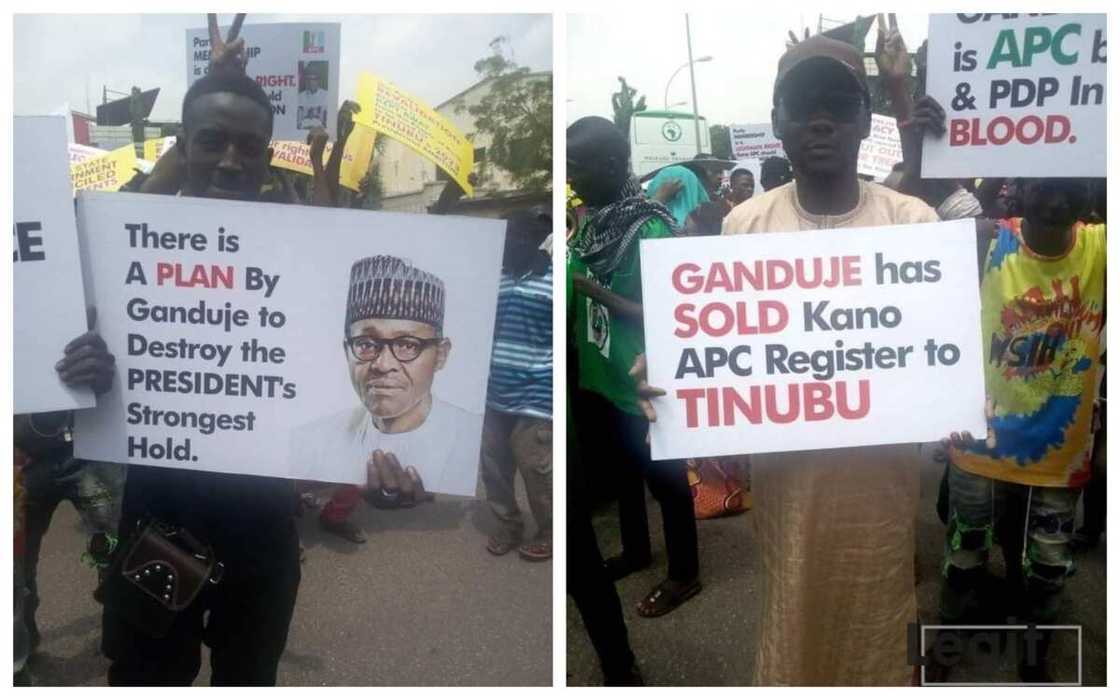 ‘Yan Buhariyya sun yi zanga-zanga a Hedikwatar APC, sun ce Ganduje ya saidawa Tinubu Jam'iyya ‘Yan Buhariyya sun yi zanga-zanga a Hedikwatar APC, sun ce Ganduje ya saidawa Tinubu Jam'iyya