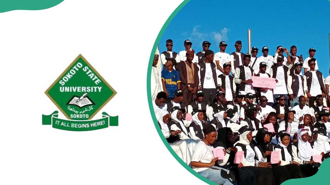 The Sokoto State University logo and SSU chemistry students during a practical conducted in open air The Sokoto State University logo and SSU chemistry students during a practical conducted in open air