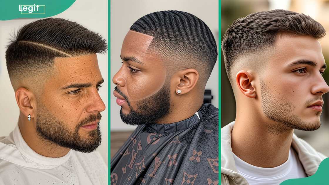 Si‍de​ part (L), Caesar cut (C), and short quiff (R) haircuts
