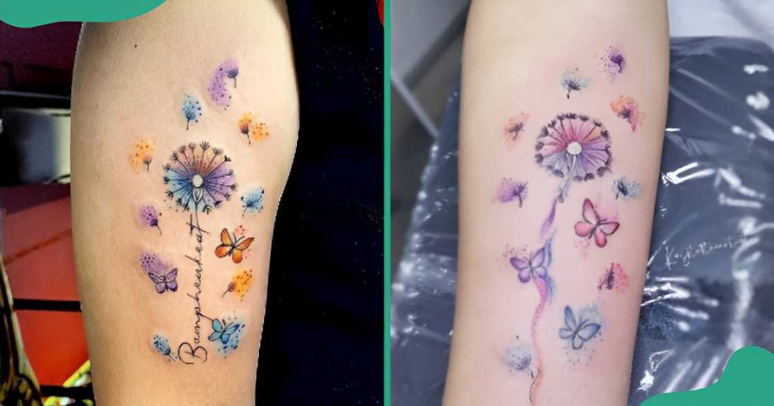 Colourful dandelion tattoos with butterflies on the upper arm (L) and the forearm (R).