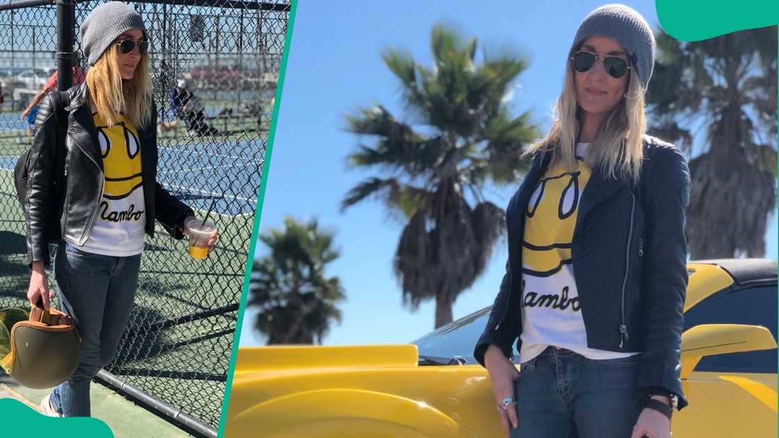 Helen stands beside a yellow car during a roadtrip