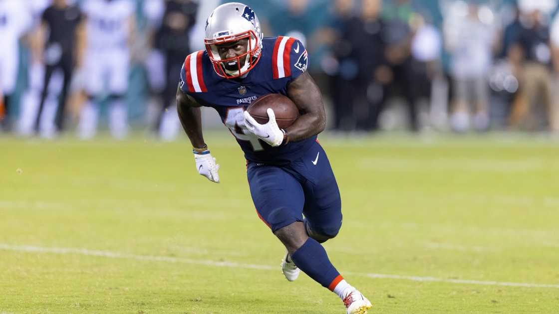 J.J. Taylor of the New England Patriots runs the ball against the Philadelphia Eagles