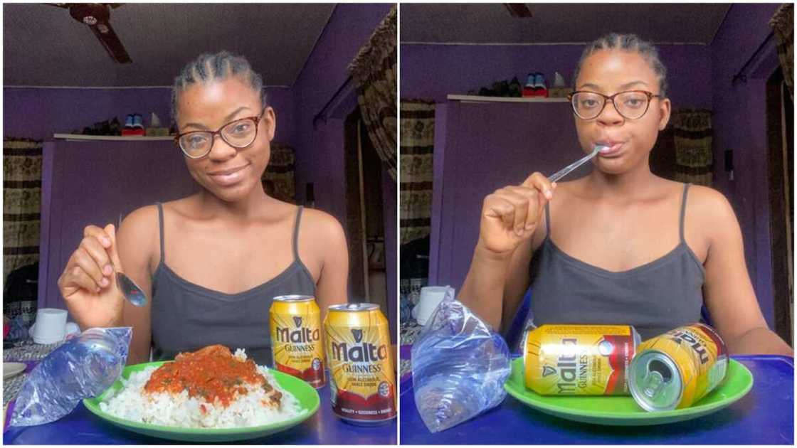 Nigerian lady does it again, finishes full plate of rice, gulps 2 canned drinks, photos caues massive stir Nigerian lady does it again, finishes full plate of rice, gulps 2 canned drinks, photos caues massive stir