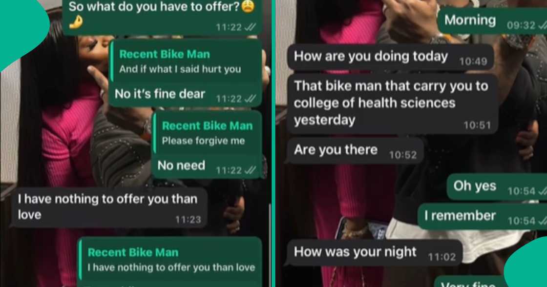Nigerian lady who gave bike man her number shares WhatsApp messages she sent to her. Nigerian lady who gave bike man her number shares WhatsApp messages she sent to her.