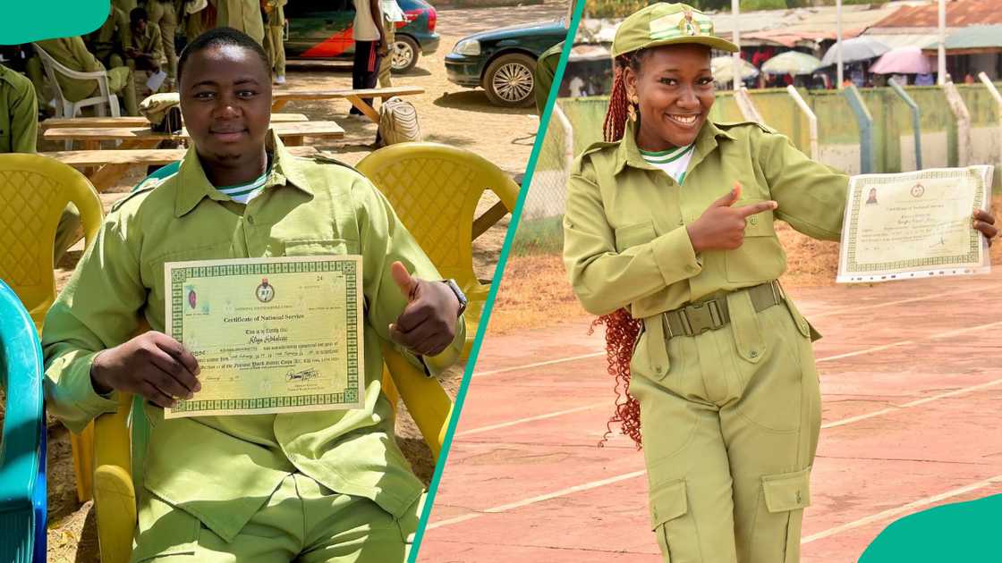 A young man and a woman showing off their NYSC certificates. A young man and a woman showing off their NYSC certificates.