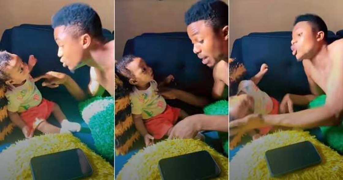 Dad forces 3-month-old baby to sit