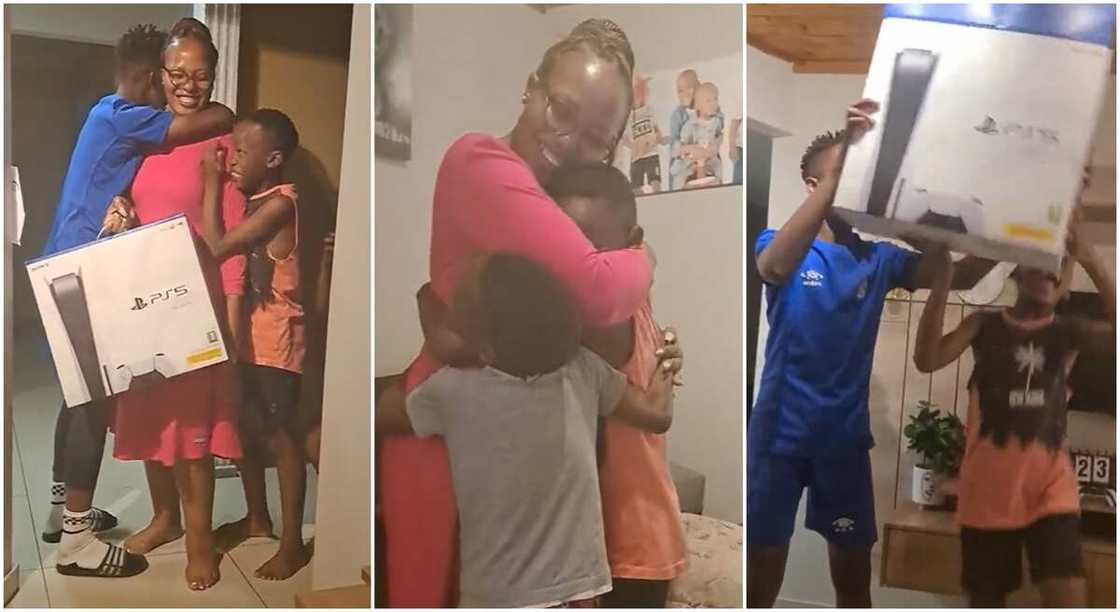 Photos of a mother giving her children a PS5. Photos of a mother giving her children a PS5.