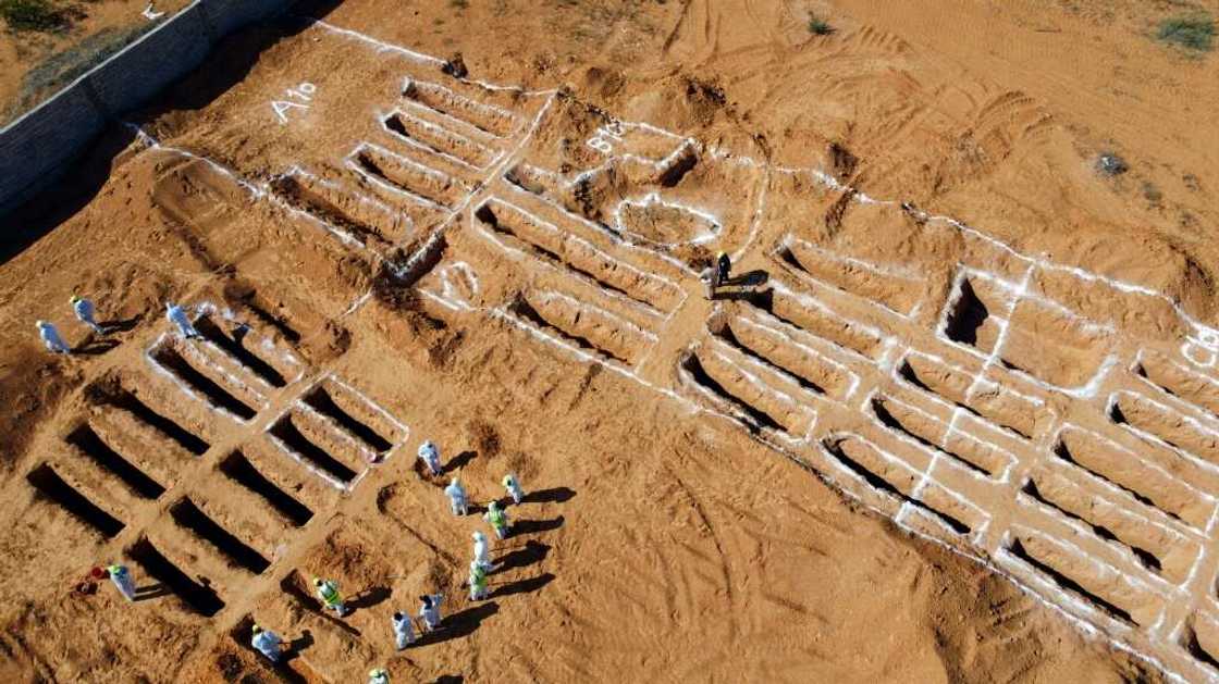 An aerial view shows Libyan experts exhuming human remains from mass graves in Tarhuna, southeast of the capital Tripoli, on October 28, 2020 An aerial view shows Libyan experts exhuming human remains from mass graves in Tarhuna, southeast of the capital Tripoli, on October 28, 2020