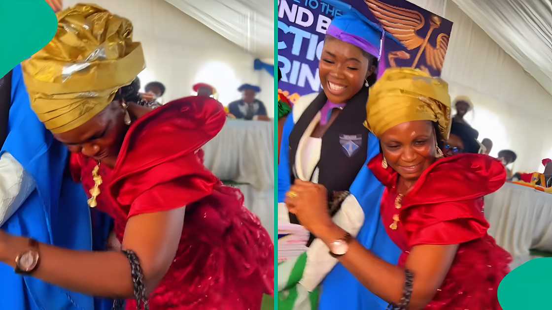 Mother dances to celebrate daughter who was inducted as medical doctor.