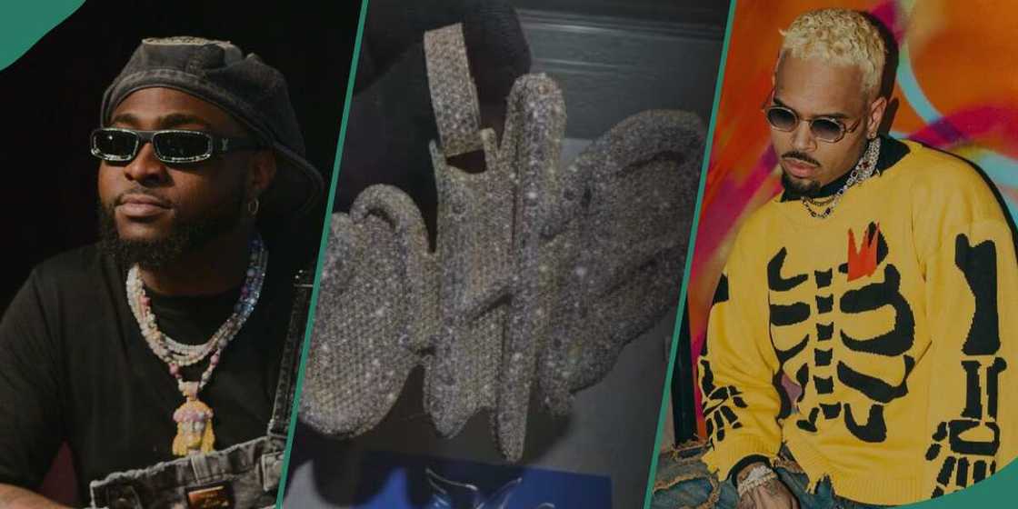 Chris Brown gives Davido expensive pendant. Chris Brown gives Davido expensive pendant.