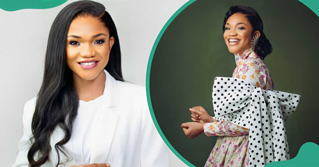 Ada Ehi poses for photos in different places in white and patterned outfits. Ada Ehi poses for photos in different places in white and patterned outfits.
